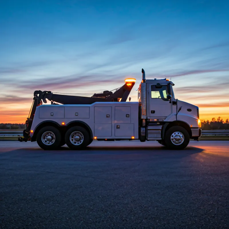 Modern A&M tow truck providing emergency service on the Danbury-Southeast NY border at twilight