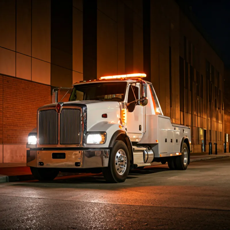 Modern heavy duty flatbed tow truck providing precision recovery services at dusk