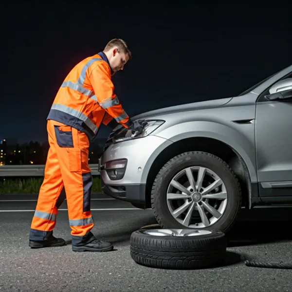 Service technician in high-visibility safety gear performing a professional tire change at the roadside